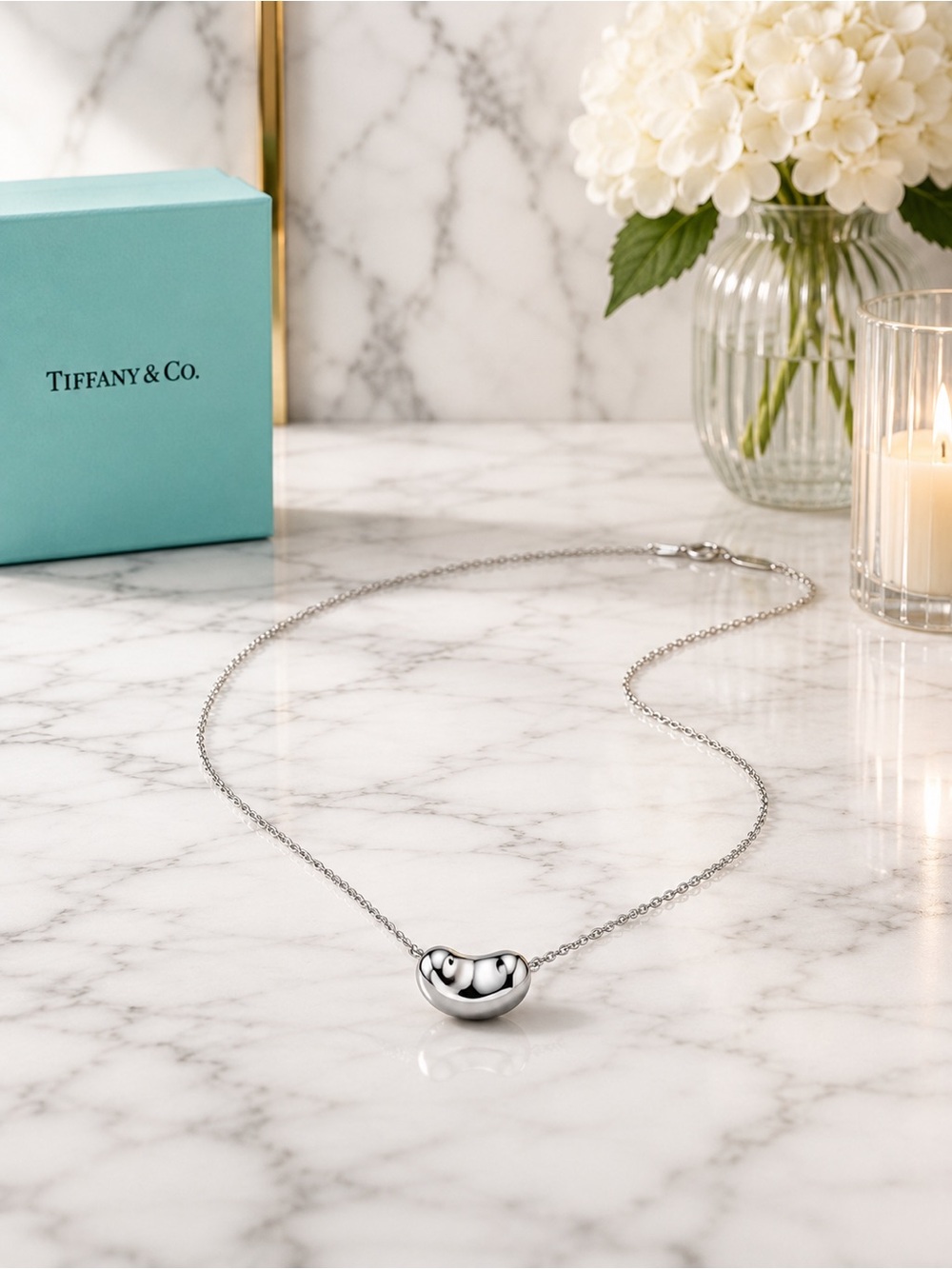 Tiffany & Co. Elsa Peretti Sterling Silver Bean Necklace Pendant Full Inclusion